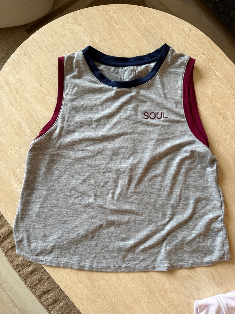 soulcycle Gray Muscle Tank with Navy Neck and Burgundy Trim